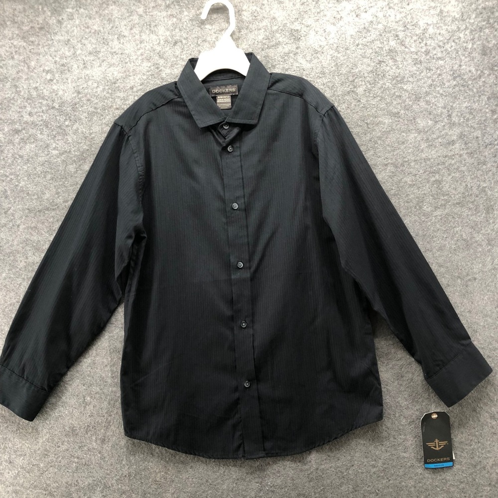 NWT Dockers Dress Shirt Boys M 10/12 Black Striped Long Sleeve Button Up